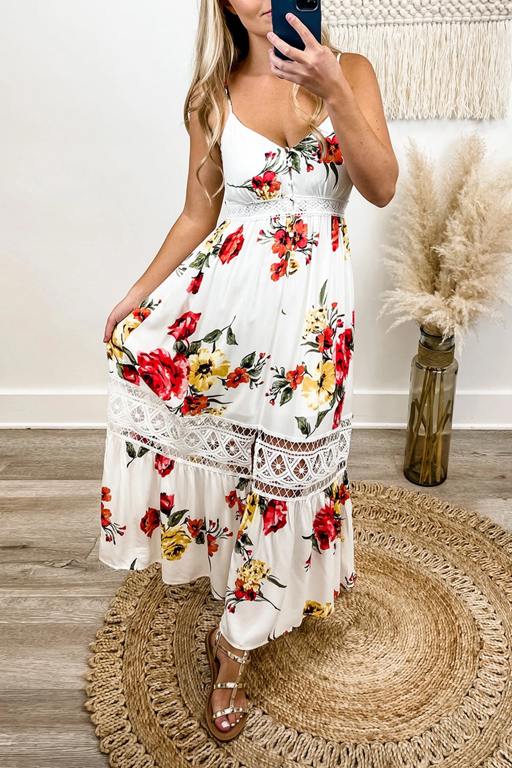Spaghetti Straps Lace Insert Floral Maxi Dress