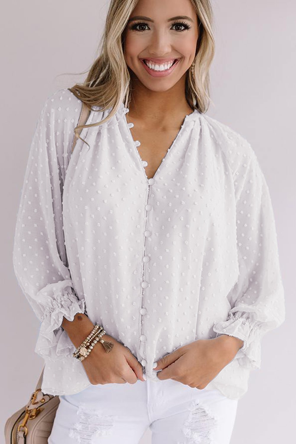 White Loose Button Swiss Dot Shirt