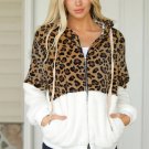 White Leopard Color Block Sherpa Zip Up Coat