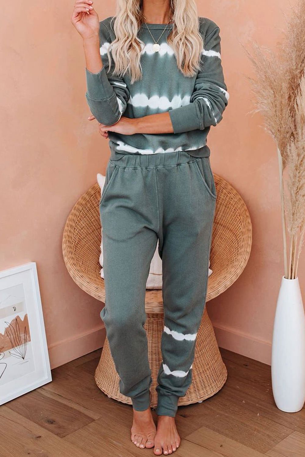 Army Green Tie dye Stripes Pullover Top and Pants Lounge Set