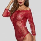 Burgundy Long Sleeve Embroidery Lace Bodysuit