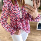 Rose Floral Pattern Peplum Blouse with Ruffles