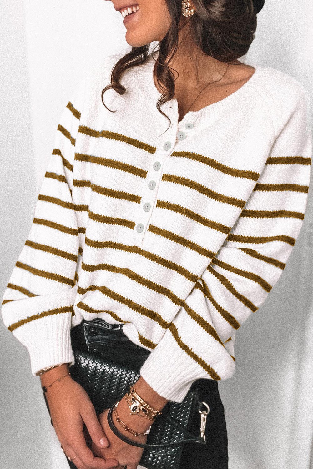 Brown Striped Buttoned Knitted Sweater