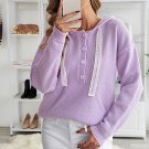 Purple Kangaroo Pocket Button Lace Drawstring Hooded Pullover Sweater