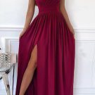Wine Red V Neck Zip Backless Lace Splicing Side Split Maxi Dress