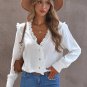 White Lacy V Neck Cuffed Sleeves Shirt