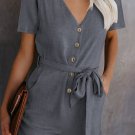 Gray V Neck Short Sleeve Buttons Belted Romper with Pockets