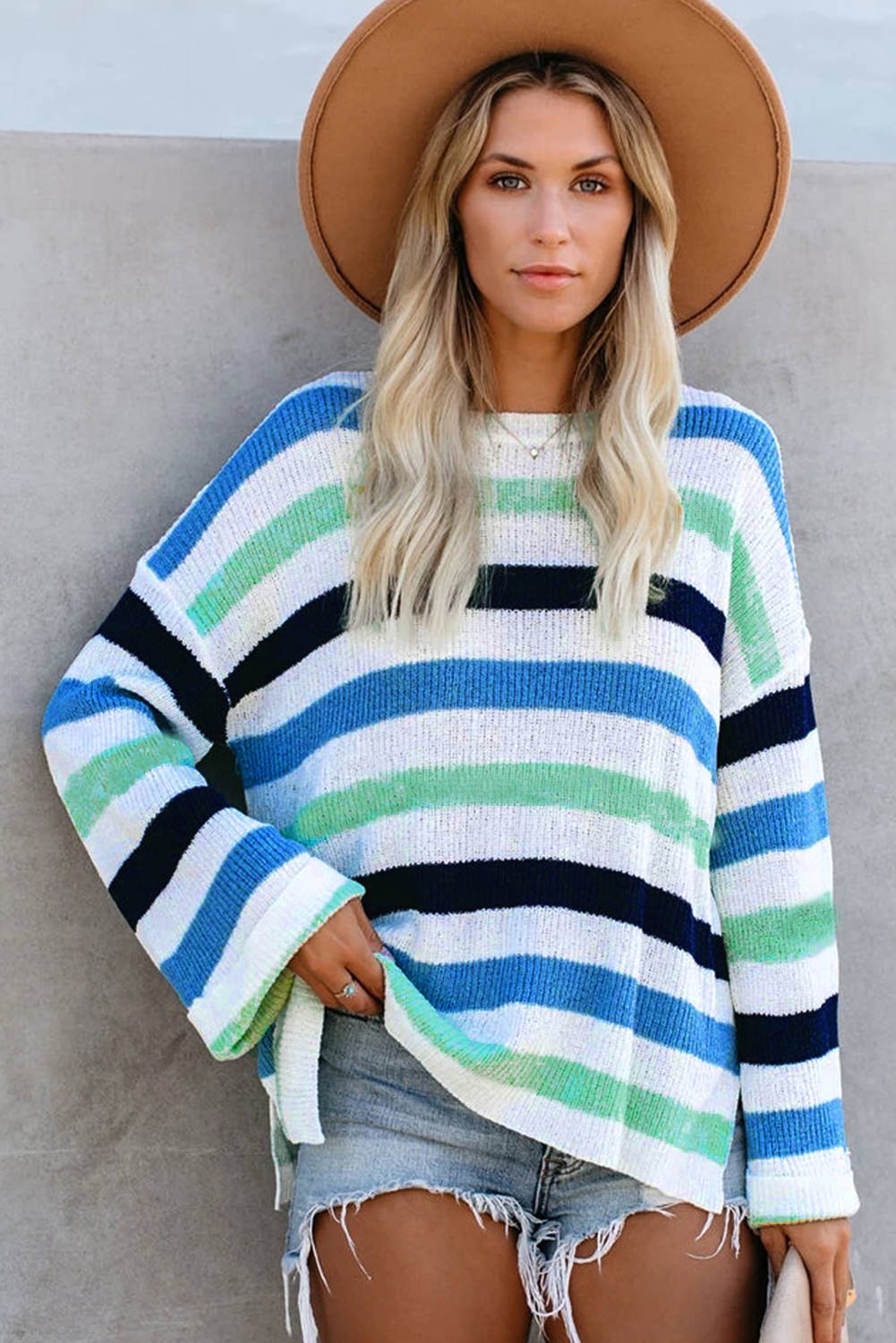 Blue Casual Loose Bell Sleeves Striped Knit Sweater
