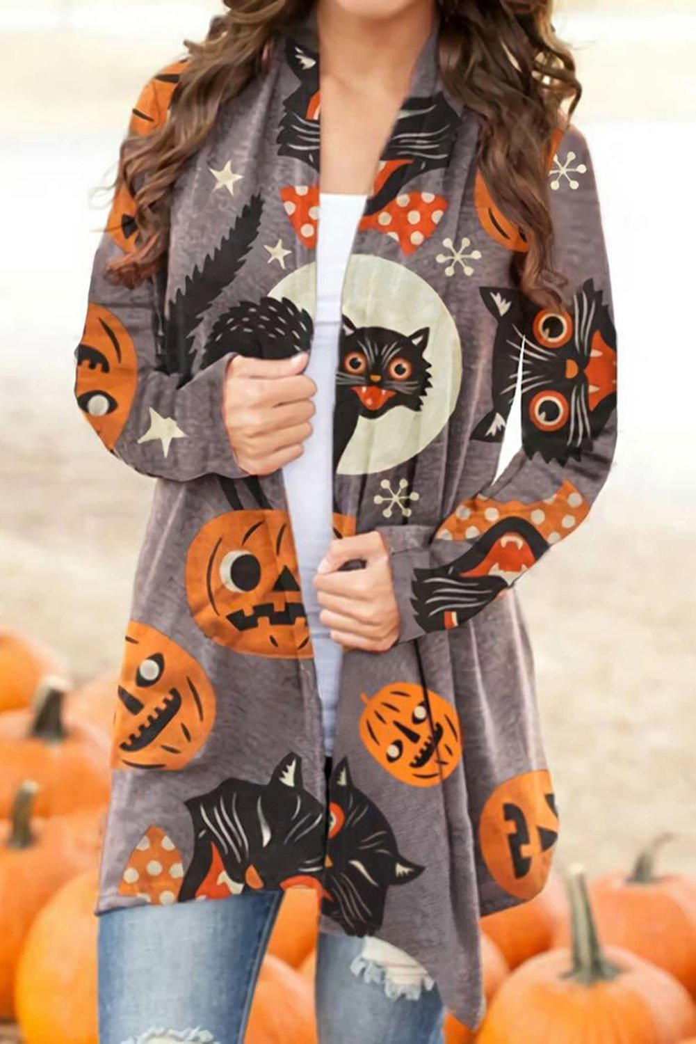 Multicolor Shawl Neck Pumpkin and Cat Print Halloween Cardigan