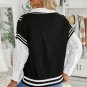 Black V Neck Contrast Stripes Trims Short Sleeve Sweater