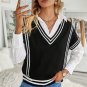 Black V Neck Contrast Stripes Trims Short Sleeve Sweater