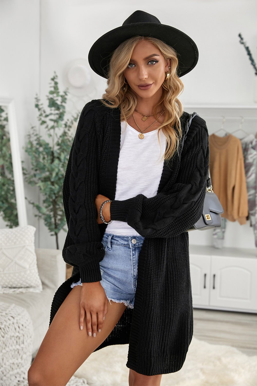 Black Open Front Cable Sleeve Long Cardigan