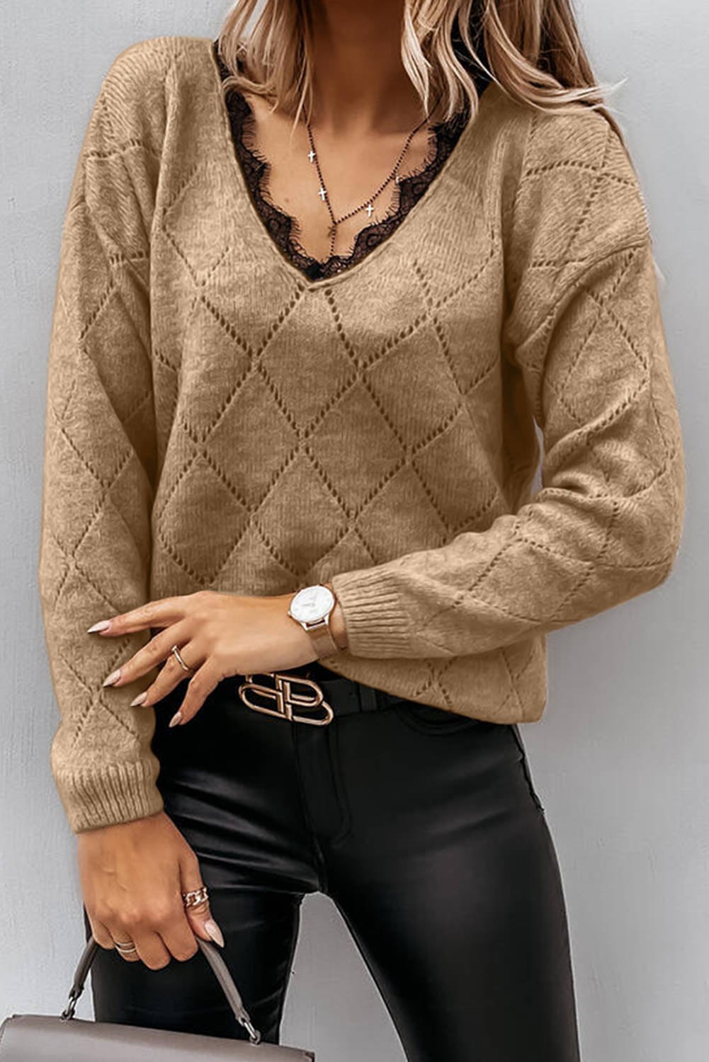 Brown Lace V Neck Drop-Shoulder Sleeve Pointelle Sweater