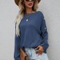 15  Blue Crew Neck Buttons Drop Shoulder Pullover Sweater