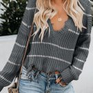 Gray Distressed V Neck Raw Hemline Striped Cropped Sweater