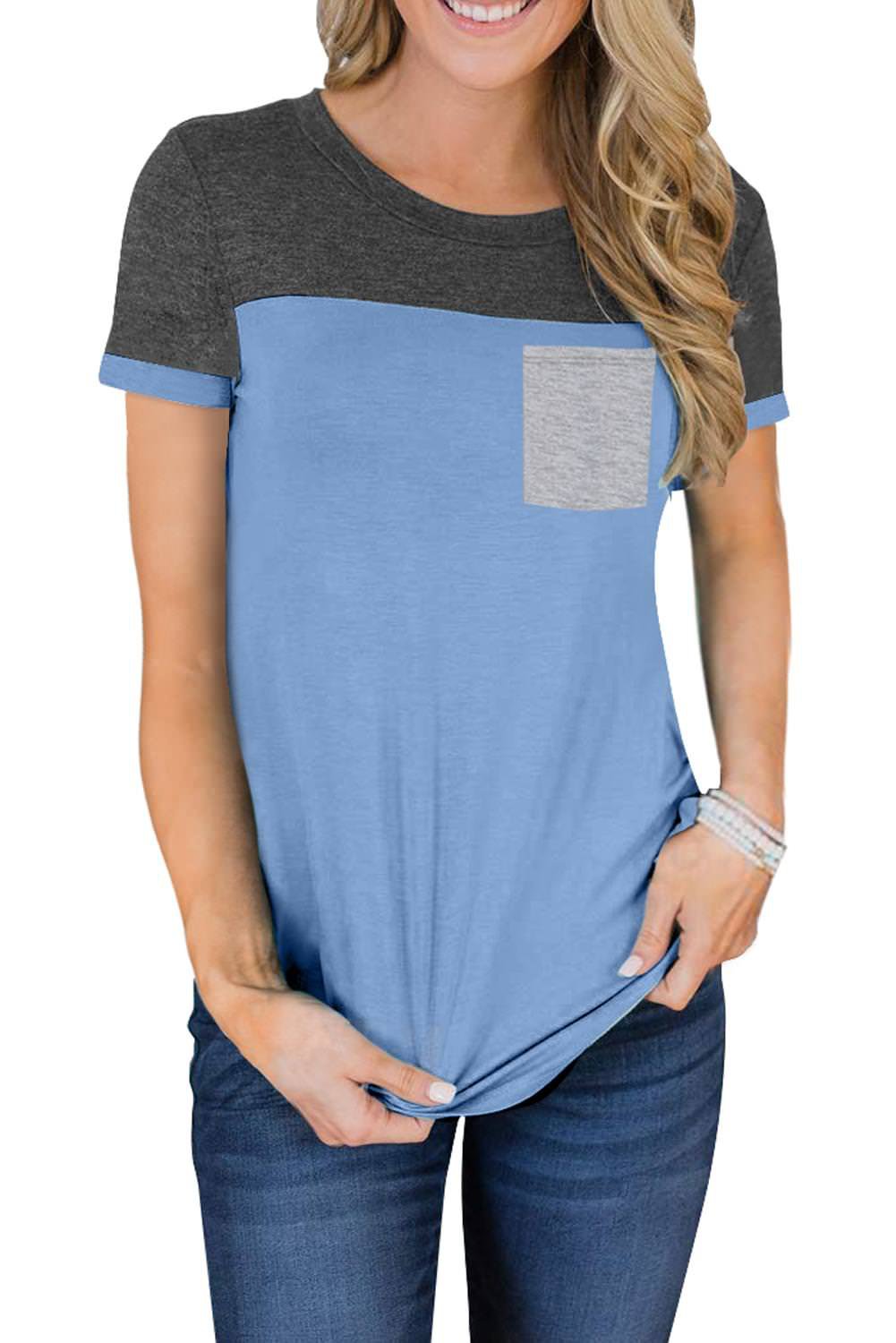 Sky Blue Color Block Pocketed T Shirt