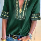 Green Boho Embroidered V Neck Casual Top