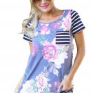 Purple Floral and Striped Casual T Shirt