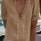 Khaki Lace Splicing V Neck Swiss Dot Short Sleeve Top