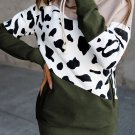 High Neck Cow Print Color Block Hoodie with Pocket
