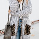 Leopard Patchwork Long Striped Cardigan with Pockets