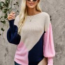 Pink Triple Color Block Lantern Sleeve Knit Sweater