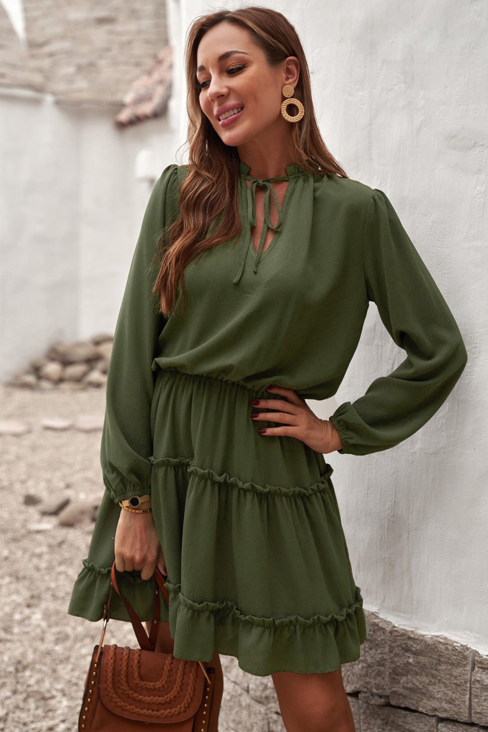 Army Green V Neck Long Sleeve Ruffle Tiered Mini Dress