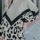 Gray Turtleneck Chevron Leopard Knit Sweater Dress
