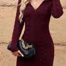 Burgundy Turn-down Neck Cable Knit Long Sleeve Sweater Dress