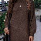 Brown Mock Neck Lantern Sleeves Sweater Dress