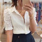 White Textured Buttoned Lace Splicing Short Sleeve Shirt