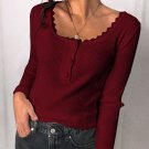 Wine Red Lace Knitted Buttoned Long Sleeve Sweater