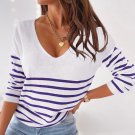 White Striped V Neck Long Sleeve Sweater