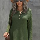 Green Henley Pullover Drop Shoulder Sweater with Slits