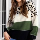 Green Leopard Colorblock Drop Shoulder Long Sleeve Knitted Sweater