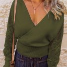 Green Sexy V Neck Surplice Hollow out Sweater with Lace Sleeves