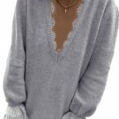 Gray Eyelash V Neck Knitted Sweater
