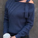 Blue Strapped Cut out Shoulder Turtleneck Sweater