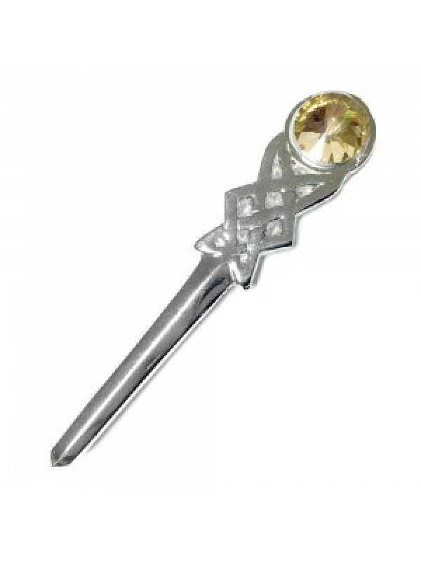 Scottish Design Chrome Finish Kilt Pin | Pin with Yellow Stone | Cheap Kilt