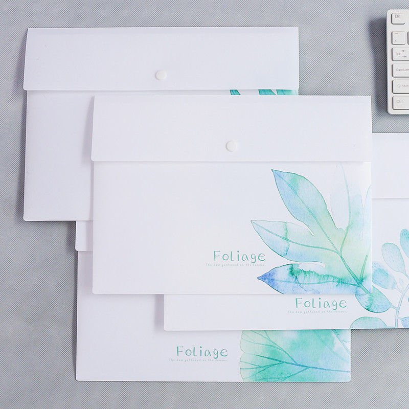 "Green Leaves" Pack of 4 File Folder Big Size Study Working Document Plastic Bag