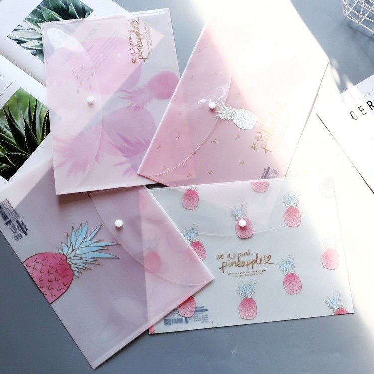 "Pink Pineapple" Pack of 4 File Folder Plastic Document Stationery Bag Big Size