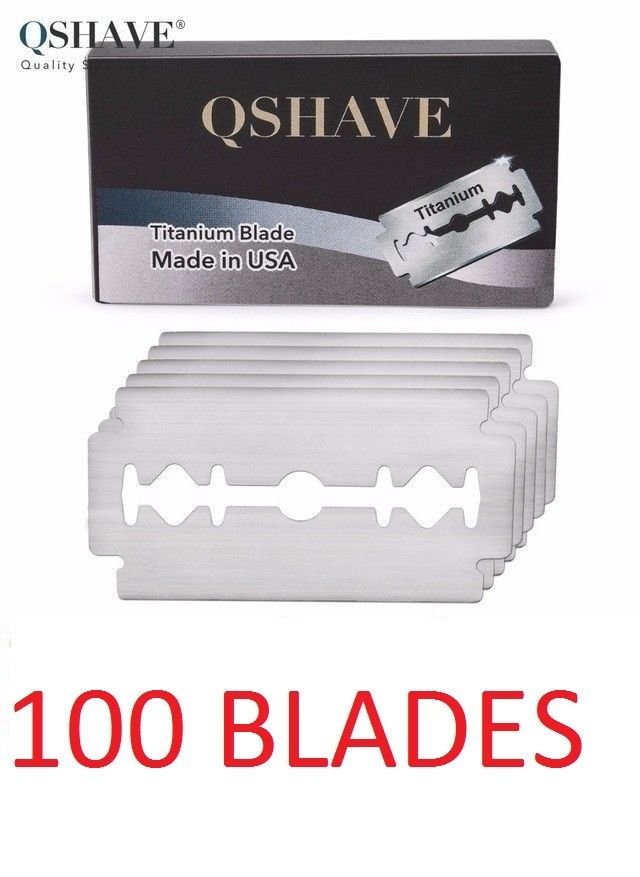 Qshave Double Edge Safety Straight Razor Blades Made in USA, 100 Titanium Blades