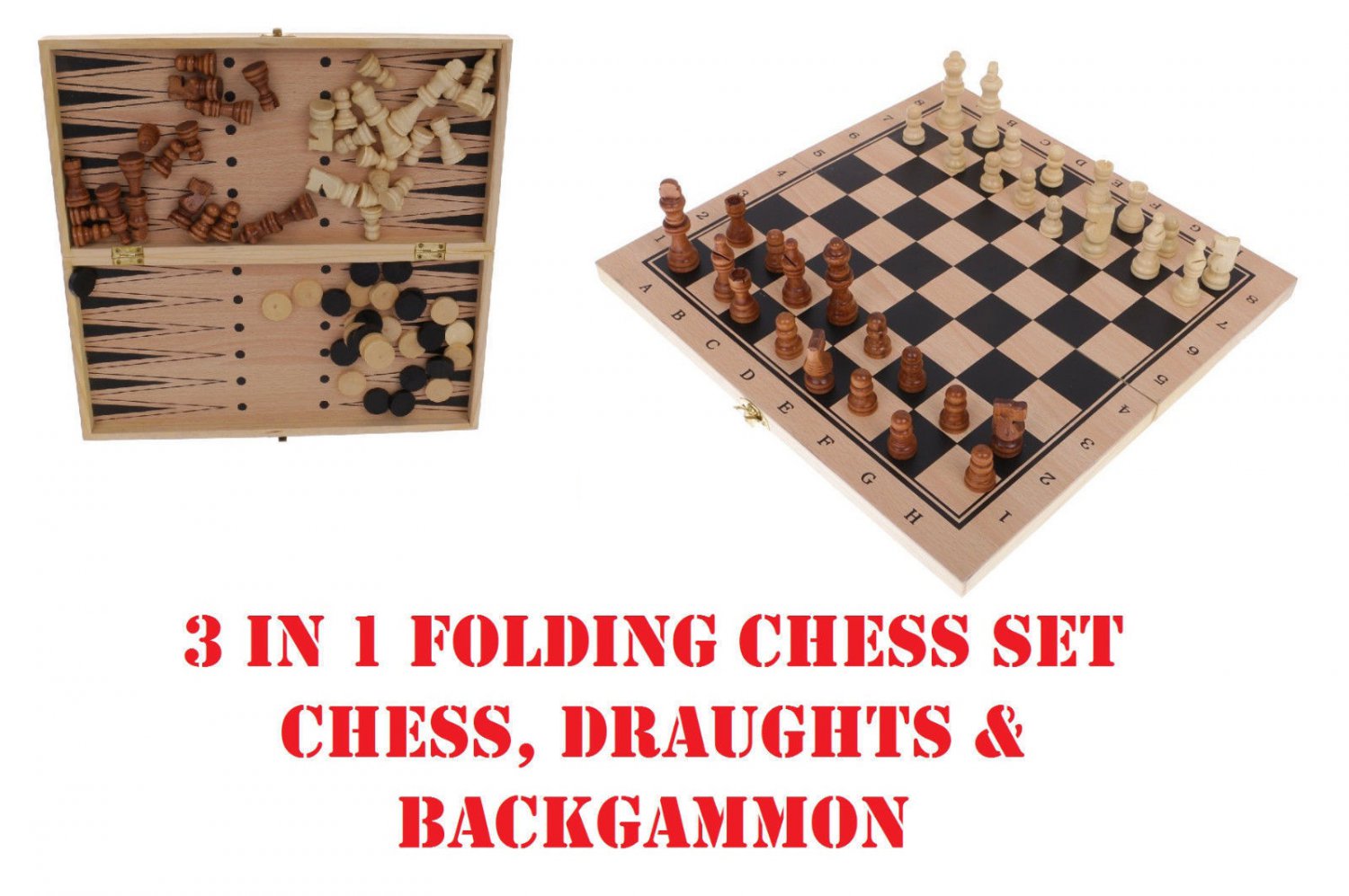 CHESS CHECKERS BACKGAMMON 3IN1 FOLDING SET BOARD GAME WOODEN BOARD FAMILY GAMES