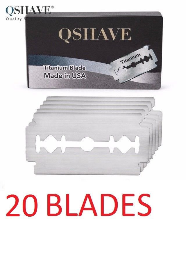 Qshave Double Edge Safety Straight Razor Blades Made in USA, 20 Titanium Blades