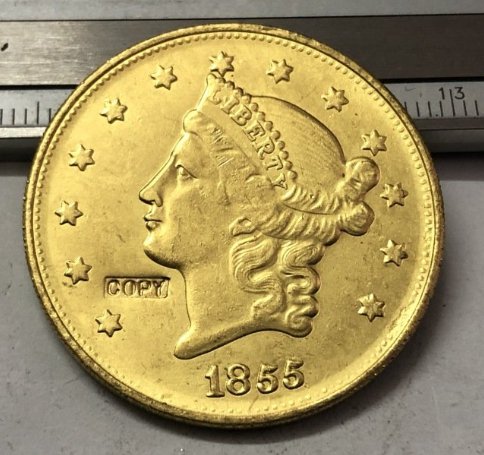 1855 United States LIBERTY HEAD (NO MOTTO ON REVERSE) $20 Gold Plated Copy Coin
