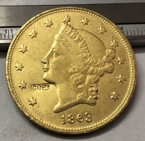 1863 United States LIBERTY HEAD (NO MOTTO ON REVERSE) $20 Gold Plated Copy Coin