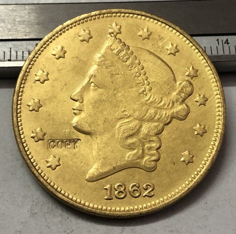 1862 United States LIBERTY HEAD (NO MOTTO ON REVERSE) $20 Gold Plated Copy Coin