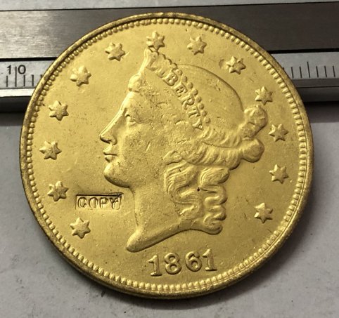 1861 United States LIBERTY HEAD (NO MOTTO ON REVERSE) $20 Gold Plated Copy Coin
