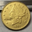 1861 United States LIBERTY HEAD (NO MOTTO ON REVERSE) $20 Gold Plated Copy Coin