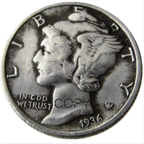 US 1936 Mercury Head Ten Cent Dime Silver Plated Copy Coins